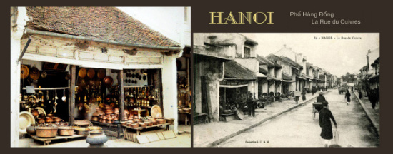 La Rue du Cuivres. Phố Hàng Đồng, Hà Nội, 1915. Thời Pháp thuộc hai phố Hàng Đồng và Bát Sứ thuộc phố Rue des Tasses (phố Hàng Chén). Ngày xưa đây là nơi cung cấp chế tác các sản phẩm từ Đồng cho cả kinh thành.