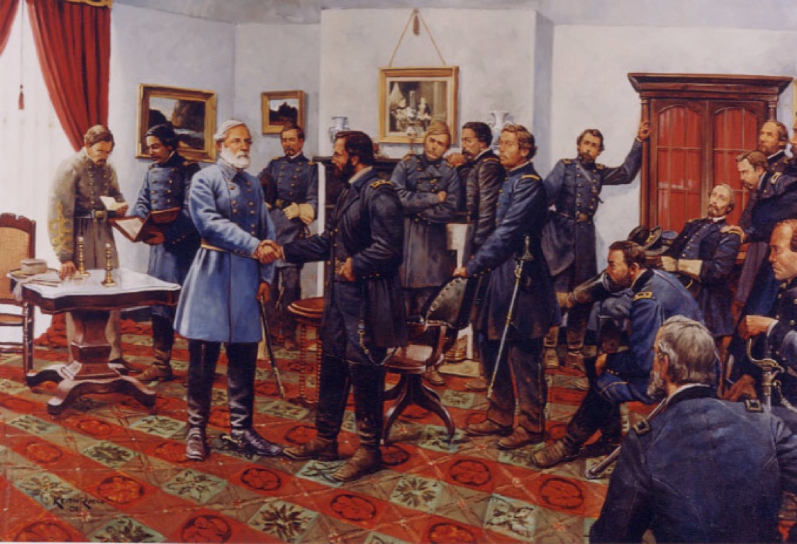 Tranh vẽ lại theo bức ảnh chụp thời đó- Tướng Grant (áo sậm) bắt tay tướng Lee (áo xanh nhạt)