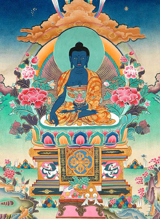 Phật Dược Sư ngồi trên ngai có hình hai con Sư tử Tuyết - tranh Tây Tạng.