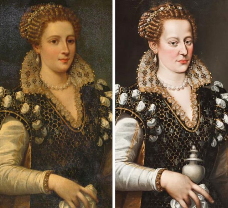 Bức chân dung sau khi được phục hồi vào thế kỷ XIX (trái) so với bản gốc được khôi phục (phải)