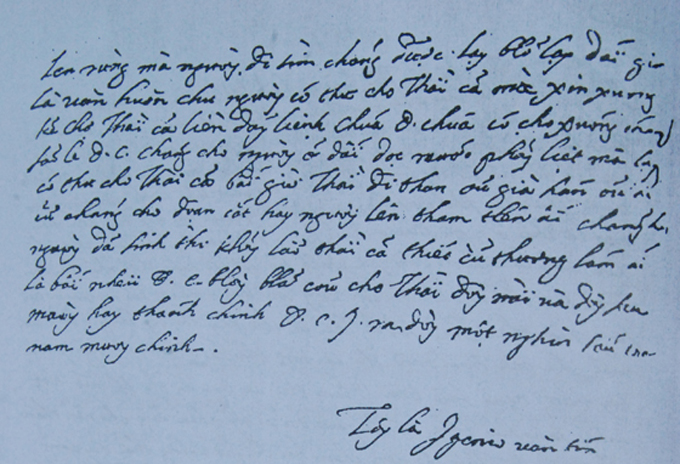 Trang cuối lá thư của Igesico Văn Tín viết ngày 12-9-1659 bằng chữ quốc ngữ - Ảnh tư liệu
