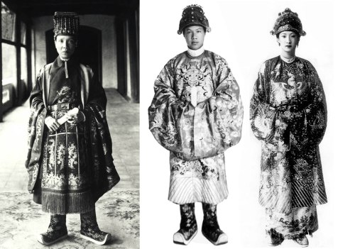 Vua Khải Định trong trang phục tế Giao (trái). Vua Bảo Đại và hoàng hậu Nam Phương (phải).
