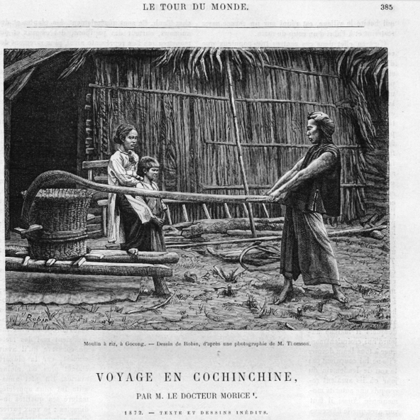 "Máy" xay lúa ơ r Gò Công. Tranh do Rolan vẽ theo hình do ông Thomsón chụp. Nguồn:  Docteur Morice,  "Voyane en CochinChine